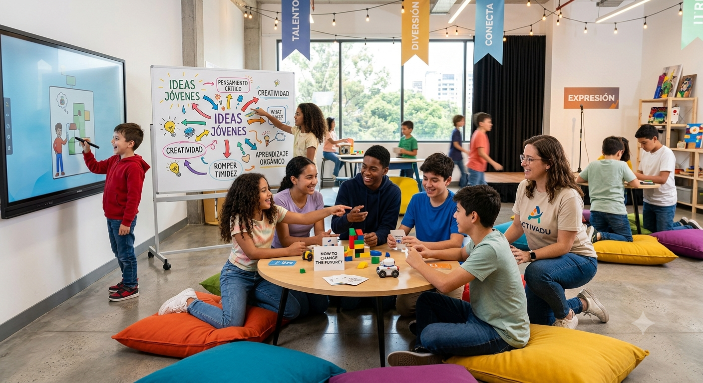 Jóvenes colaborando y creando en un taller interactivo de Activadu